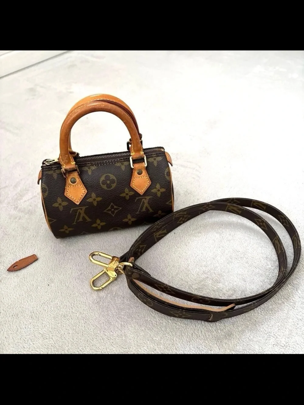 Louis Vuitton Brown Monogram Mini Speedy with Tan Trim and Long Strap